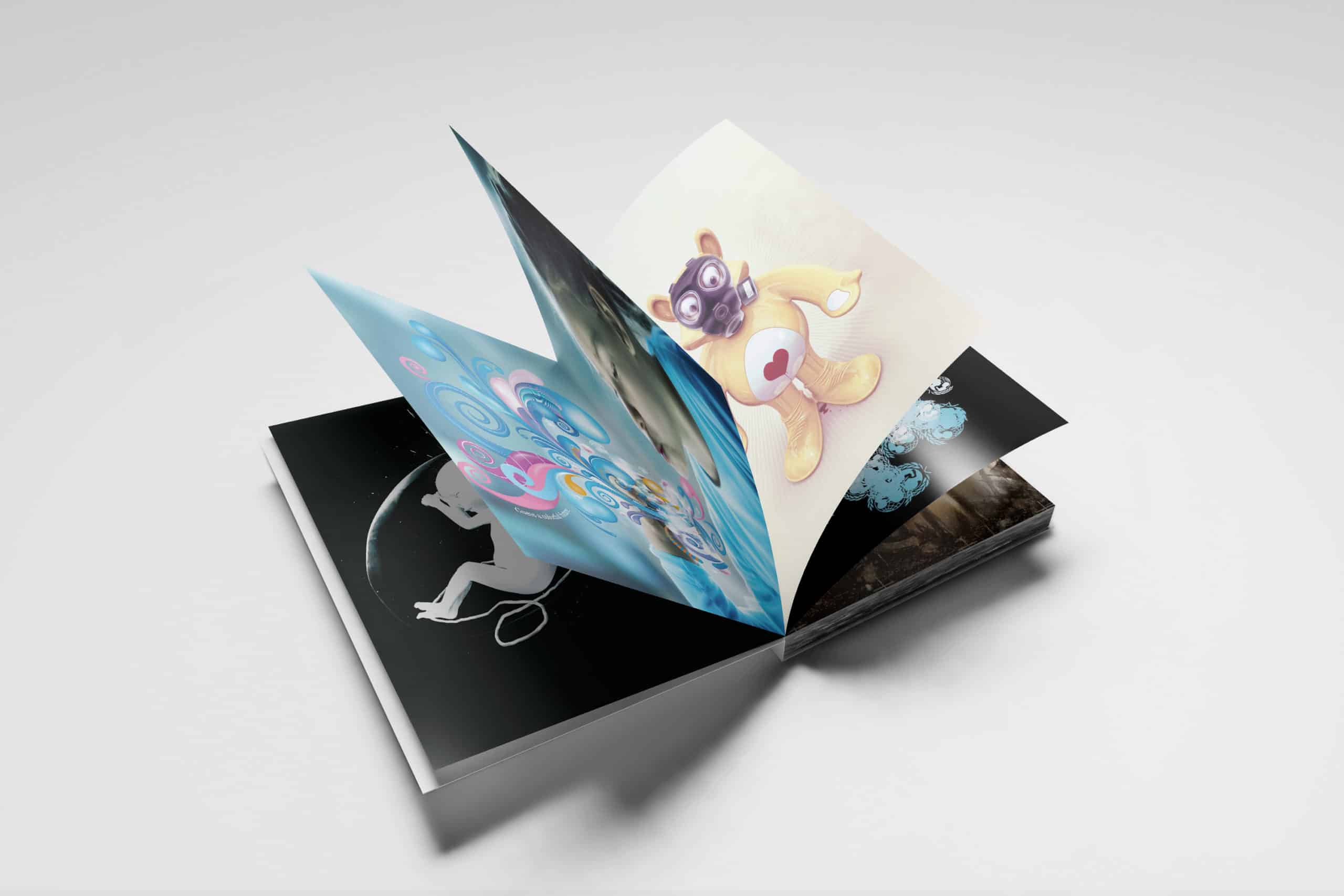 Pages ouvertes d'un livre illustré avec des images artistiques variées, dont un animal équipé d'un masque à gaz, une jeune fille dans un environnement surréaliste, et des motifs colorés, reflétant une diversité de styles graphiques.