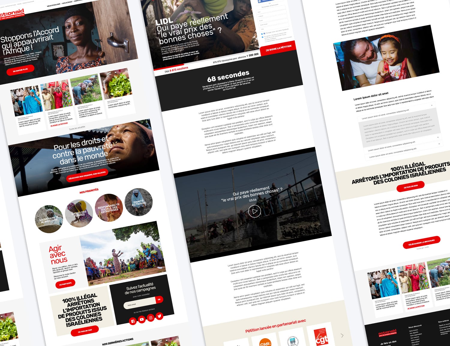 Capture d’écran d’un collage de plusieurs pages web d'ActionAid, présentant une variété de campagnes et d'appels à l'action. Les pages comprennent des images marquantes et des slogans concernant les droits de l'homme, la lutte contre la pauvreté et l'égalité des sexes, ainsi que des boutons d'engagement comme des pétitions et des dons. Des titres comme 'Stoppons l'accord qui appauvrirait l'Afrique' et 'Agir avec nous' sont visibles, reflétant le focus activiste de l'ONG.