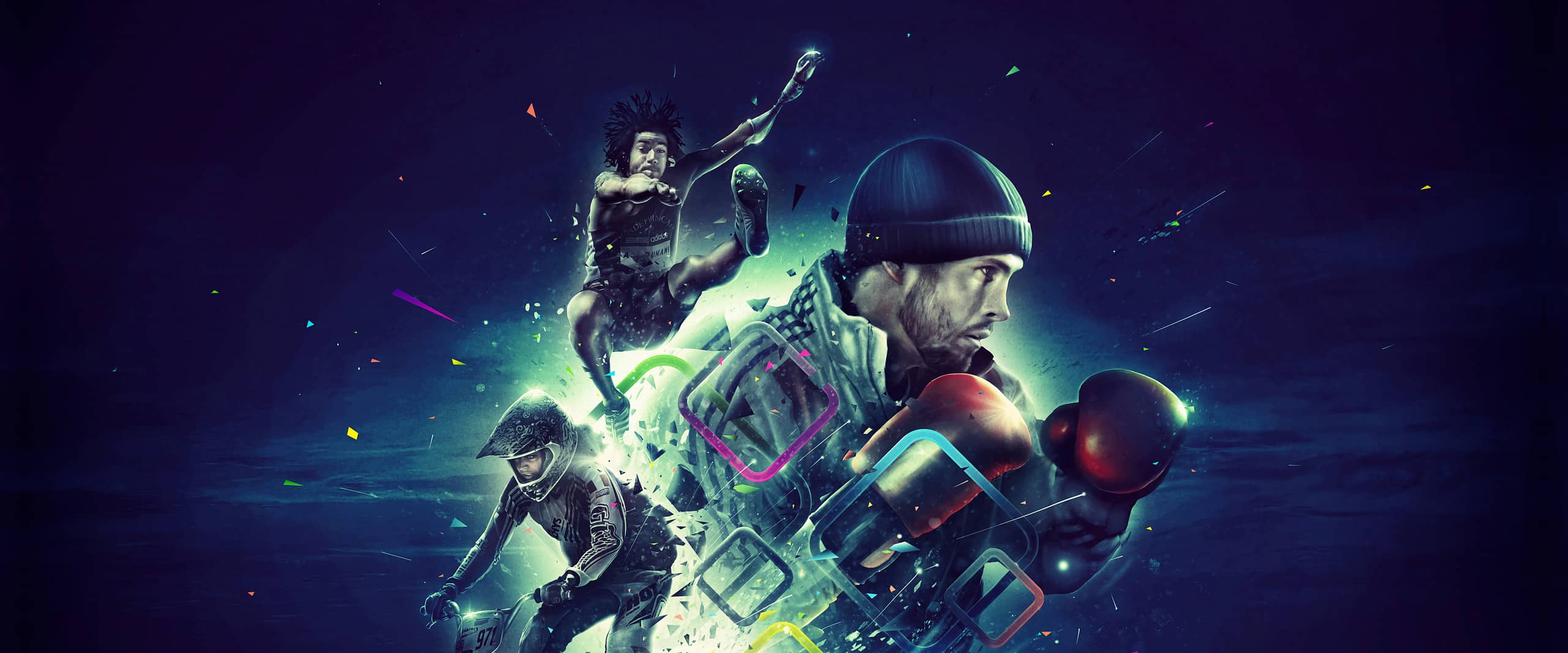 Montage dynamique et coloré représentant différents athlètes en pleine action, incluant un sauteur en longueur, une cycliste BMX, et un boxeur en mouvement, sur un fond cosmique éclatant pour illustrer une campagne sur la diversité des sports et la passion humaine.