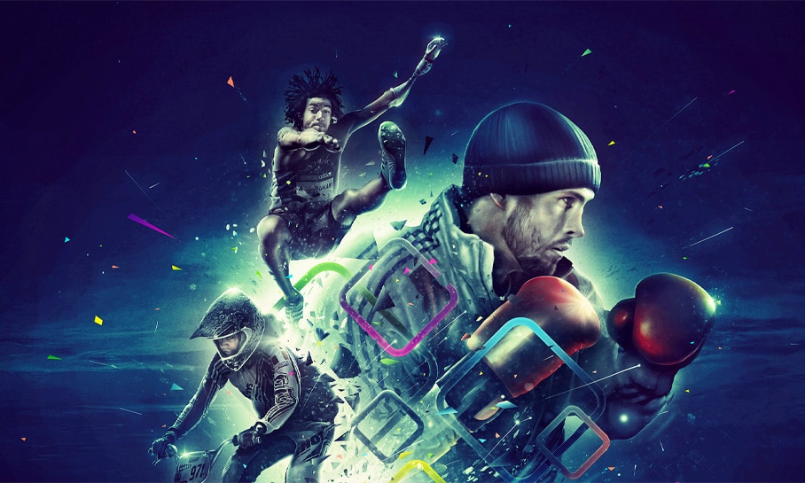 Montage dynamique et coloré représentant différents athlètes en pleine action, incluant un sauteur en longueur, une cycliste BMX, et un boxeur en mouvement, sur un fond cosmique éclatant pour illustrer une campagne sur la diversité des sports et la passion humaine.