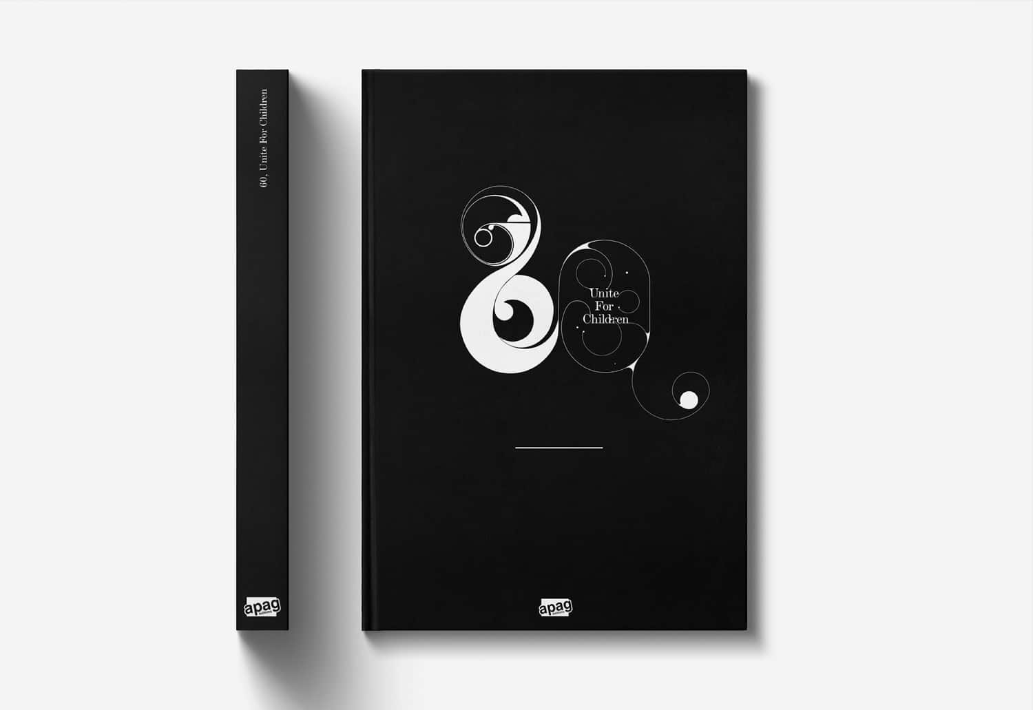 Couverture du livre '60 Unite For Children' élégante en noir utilisant des motifs graphiques spirales et bulles pour symboliser l'union autour des droits de l'enfant, éditée par les Editions APAG.