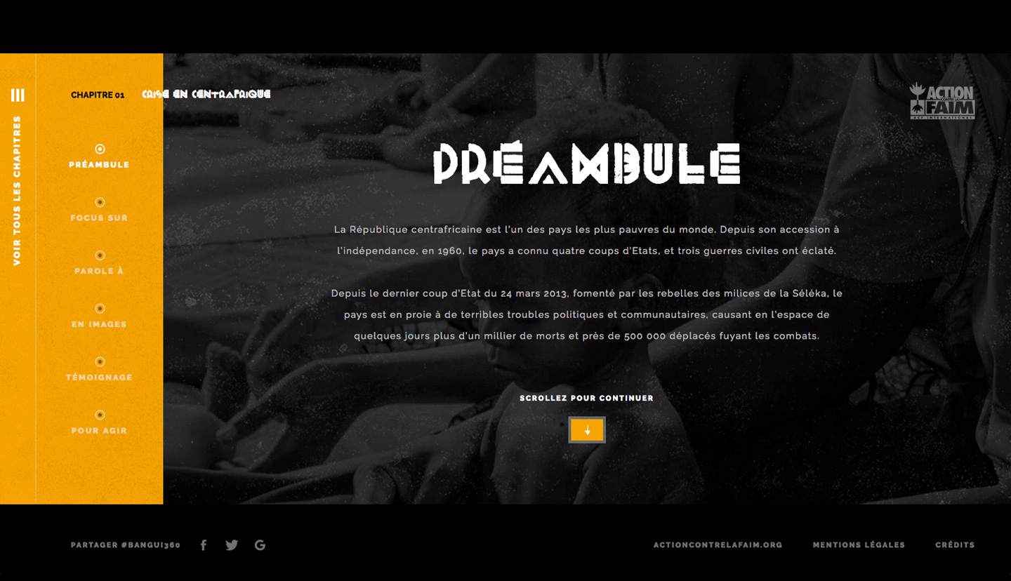 Capture d'écran d'une page web intitulée 'Préambule' sur la crise en Centrafrique, avec un menu latéral et un texte détaillé sur l'histoire politique et les conflits du pays.