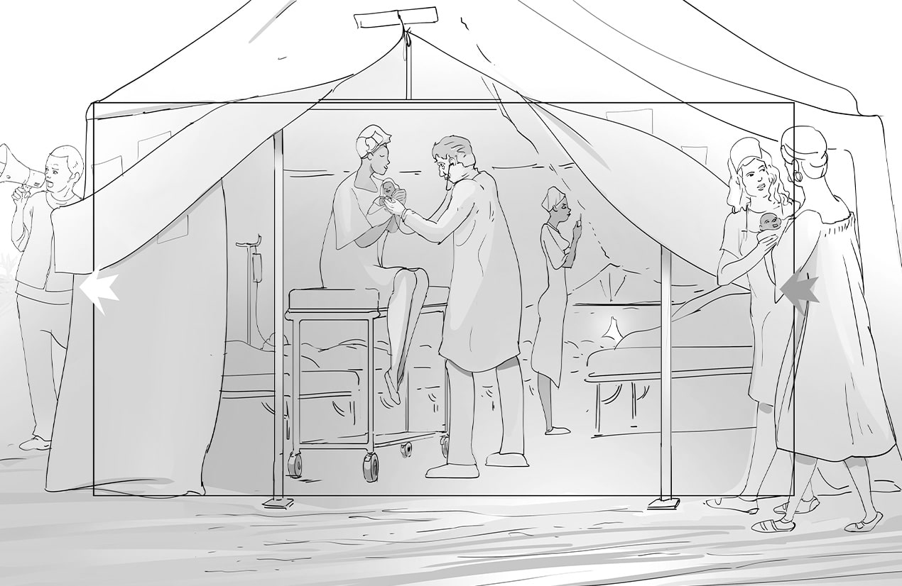 Illustration en noir et blanc d'un centre médical de campagne. Une tente ouverte révèle des médecins et des infirmières prenant soin de patients, dont une femme assise avec un bébé. À gauche, une personne utilise un mégaphone, et à droite, une infirmière s'occupe d'un nouveau-né.