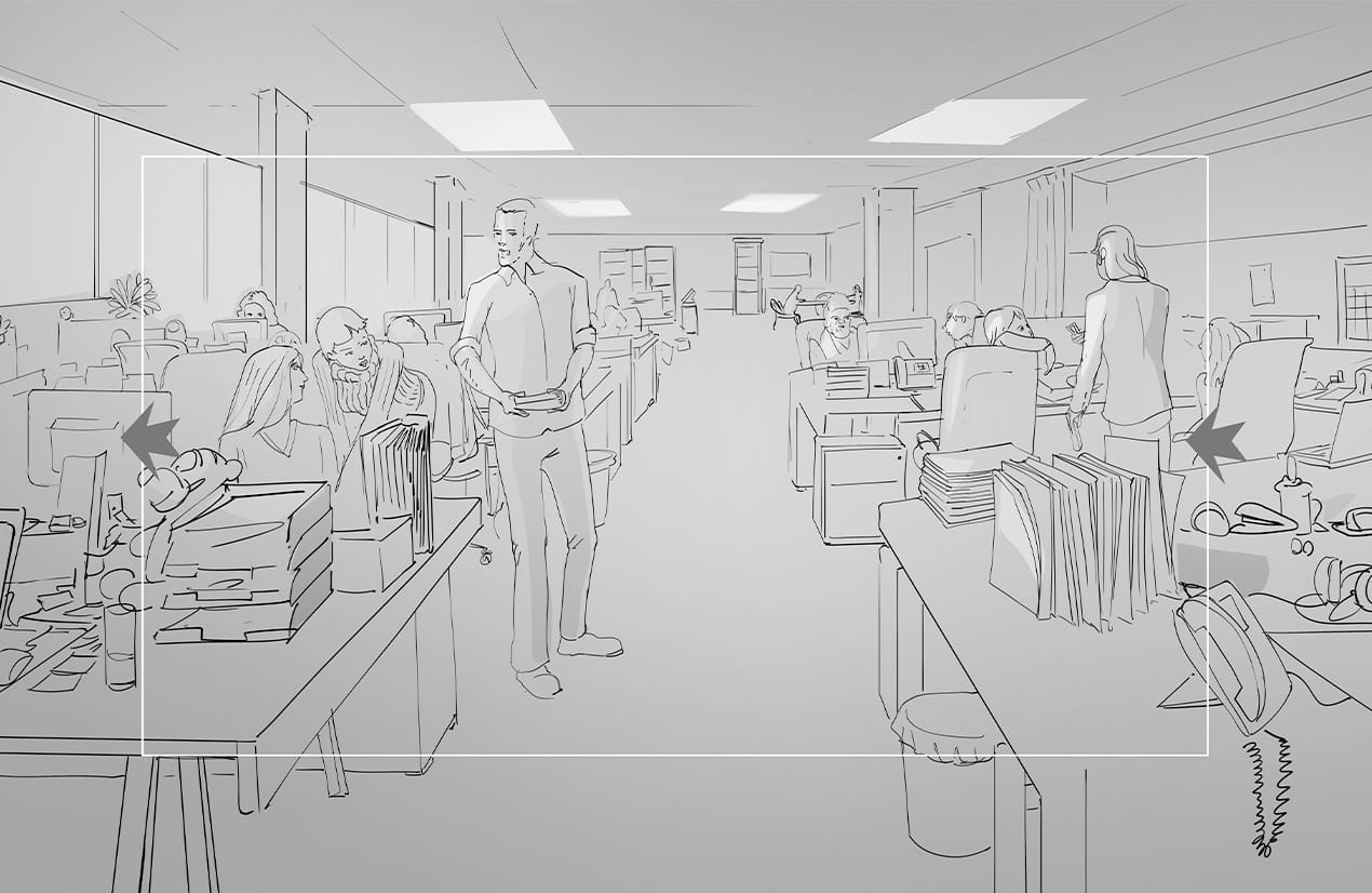 Illustration en noir et blanc d'un bureau animé. Plusieurs personnes travaillent à des bureaux avec des ordinateurs et des piles de dossiers. Une personne au centre marche en tenant des documents, tandis qu'une autre se tient debout à droite, discutant avec un collègue. Les travailleurs semblent engagés dans diverses tâches administratives.