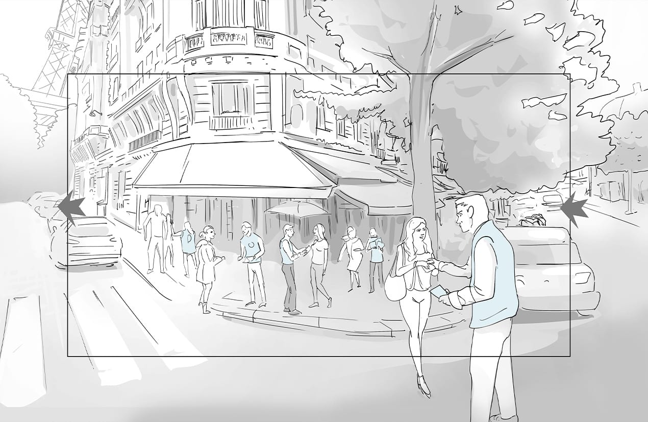Illustration en noir et blanc d'une scène de rue animée devant un café parisien avec plusieurs personnes marchant, discutant et se tenant sous les arbres. En arrière-plan, on aperçoit la Tour Eiffel partiellement visible. Une femme et un homme se tiennent au premier plan à droite, échangeant des documents.