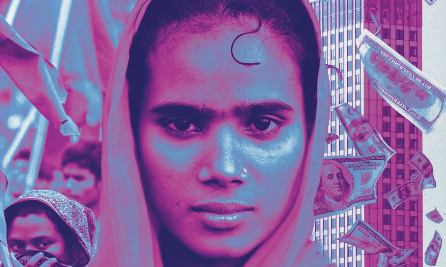 Composition artistique colorée en teintes de rose et de bleu montrant le portrait en gros plan d'une femme au regard intense. Elle est voilée, et une partie de son visage est couverte par un drapé. À l'arrière-plan droit, des billets de 100 dollars américains tombent devant un bâtiment moderne en grille, évoquant le thème de la finance, contrastant avec la gauche de l'image mettant en scène des manifestants. L'ensemble donne une impression surréaliste et frappante.