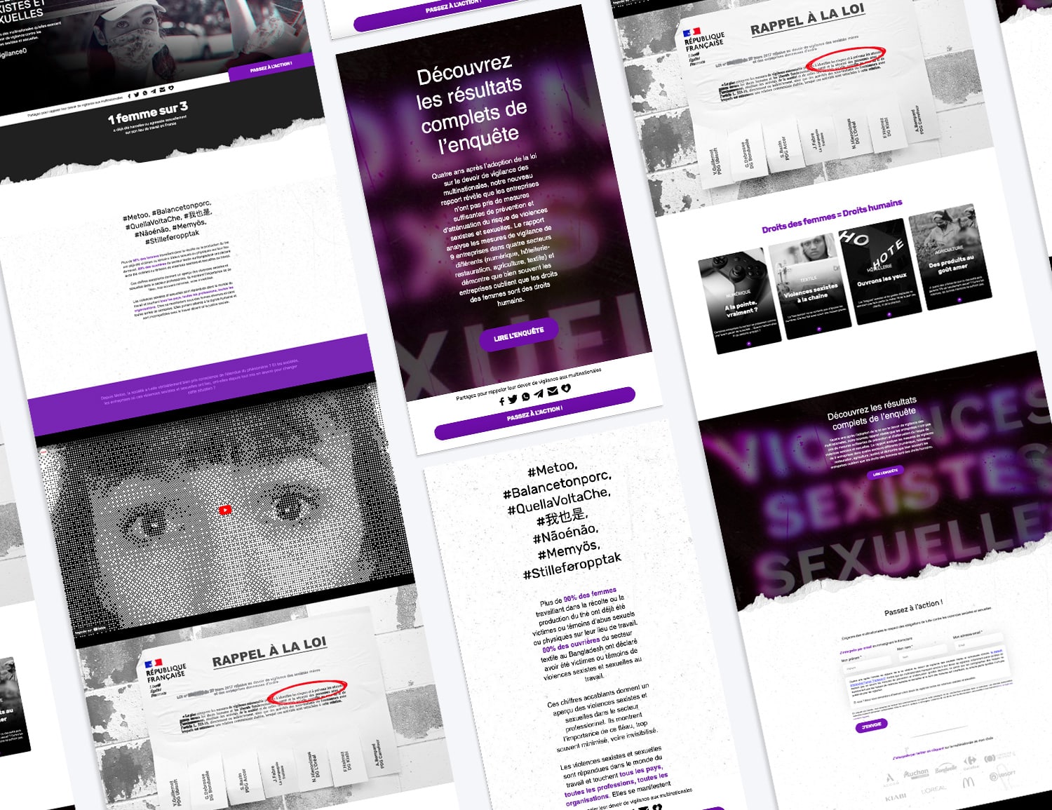 Une mosaïque de captures d'écran de différentes pages web, présentant un design graphique aux thèmes violet et noir. Les pages comprennent des statistiques choc, des images frappantes et des hashtags liés à la sensibilisation aux violences sexistes et sexuelles. Des phrases comme '1 femme sur 3' et des références à des campagnes sociales telles que #MeToo sont visibles, ainsi que des appels à l'action tels que 'RAPPEL À LA LOI' et des invitations à lire des enquêtes et des témoignages.