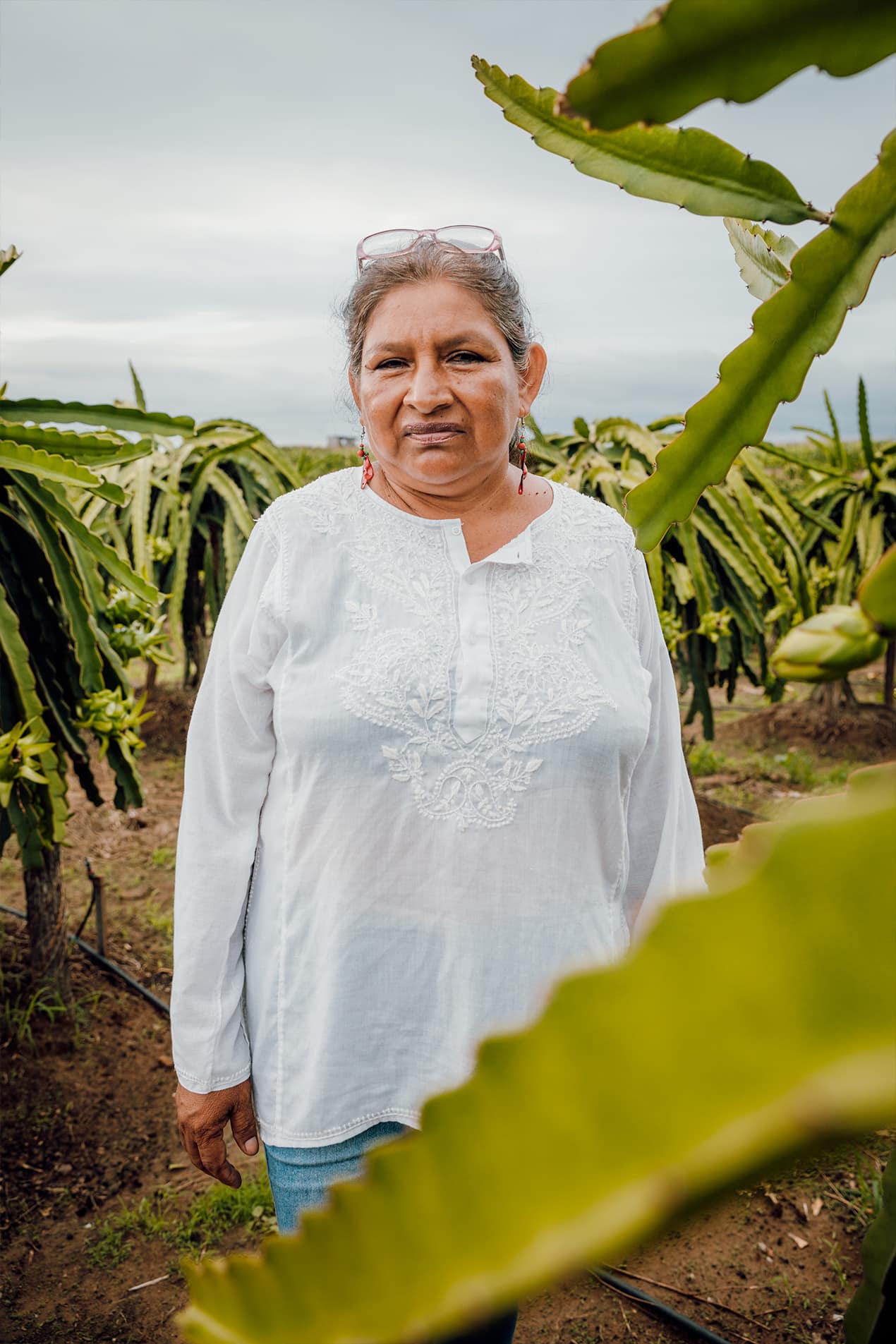 Portrait de Raquel, portant un haut blanc brodé, debout dans un champ de plantations vertes. Elle porte des boucles d'oreilles colorées et des lunettes sur la tête. Le ciel est couvert.