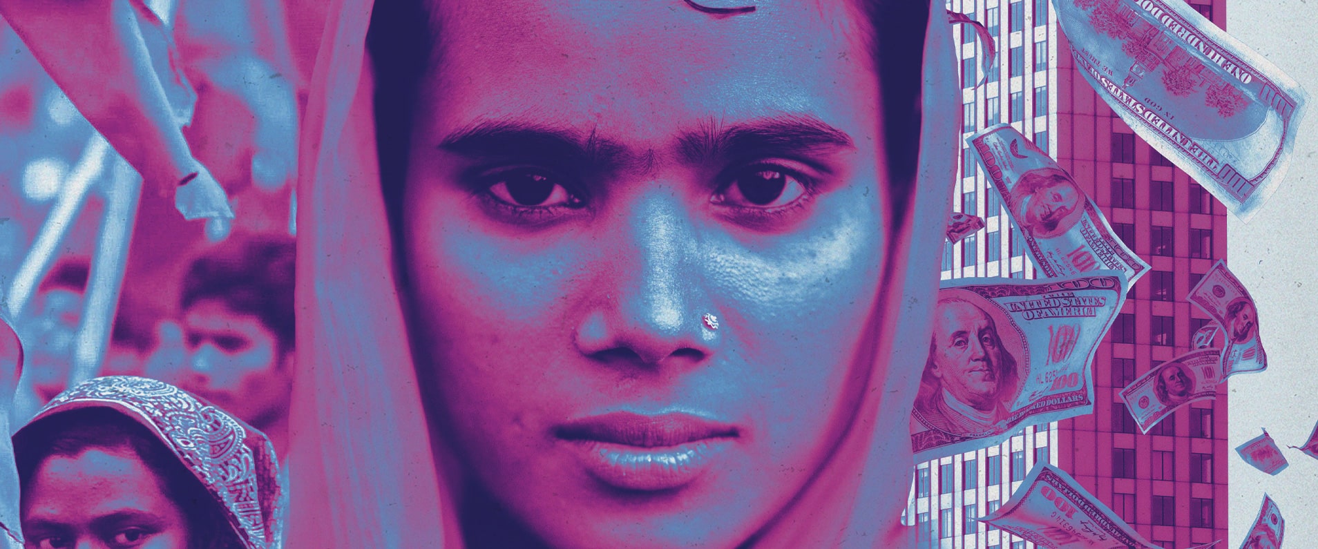 Composition artistique colorée en teintes de rose et de bleu montrant le portrait en gros plan d'une femme au regard intense. Elle est voilée, et une partie de son visage est couverte par un drapé. À l'arrière-plan droit, des billets de 100 dollars américains tombent devant un bâtiment moderne en grille, évoquant le thème de la finance, contrastant avec la gauche de l'image mettant en scène des manifestants. L'ensemble donne une impression surréaliste et frappante.